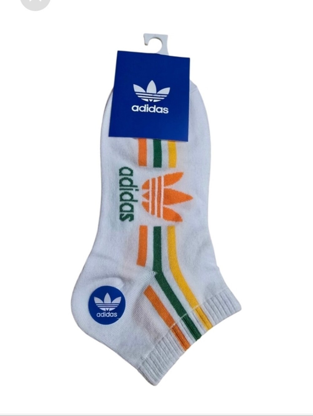 White Low-Cut Athletic Socks with Orange, Green & Yellow Stripes